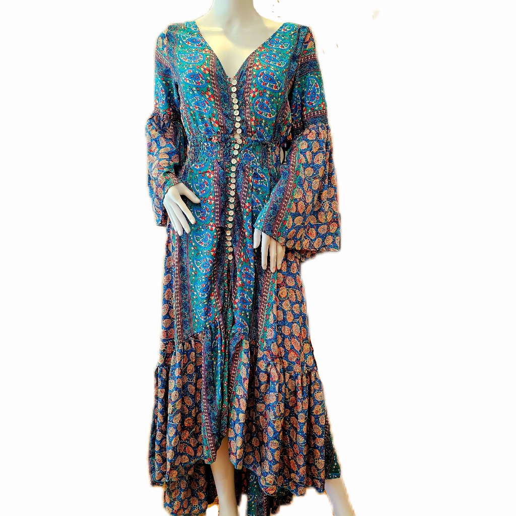 Karma Hwy Gypsy Caravan Hi Lo Dress Teal Paisley Os Nwt
